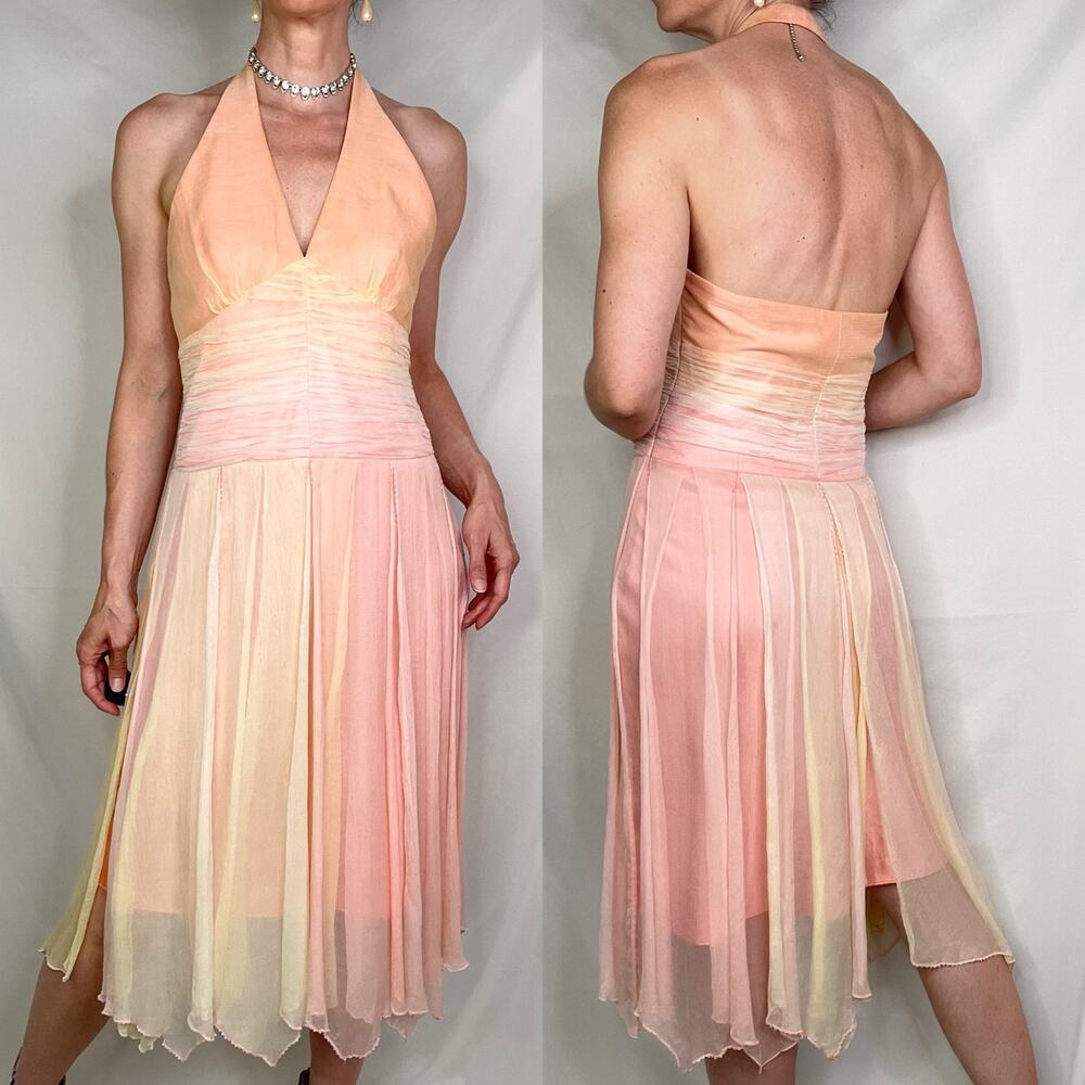 Laundry by Shelli Segal silk beaded halter dress prom cocktail pastel peach 6 - Picture 12 of 15